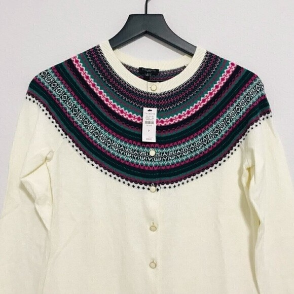 New! Talbots Fair Isle Trim Cardigan Cotton Cashmere Petite Sweater - Picture 5 of 12